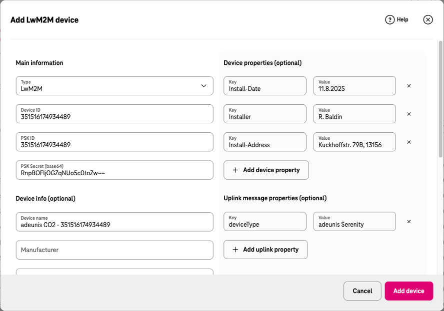 Add LwM2M device dialog