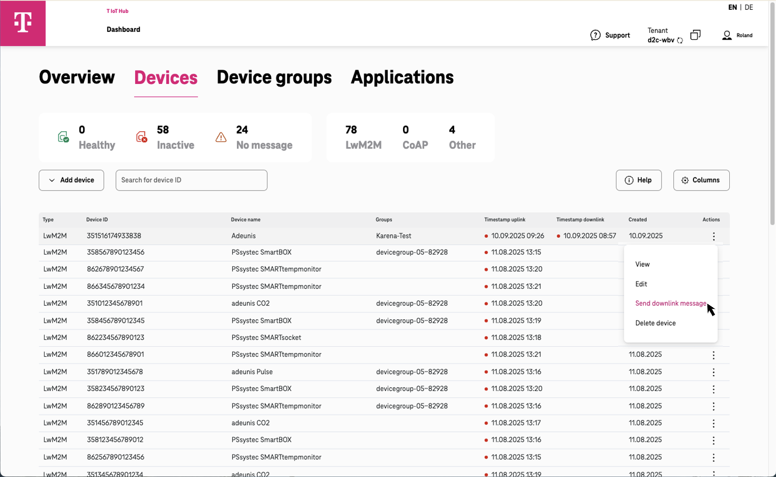 Device context menu - Send downlink message