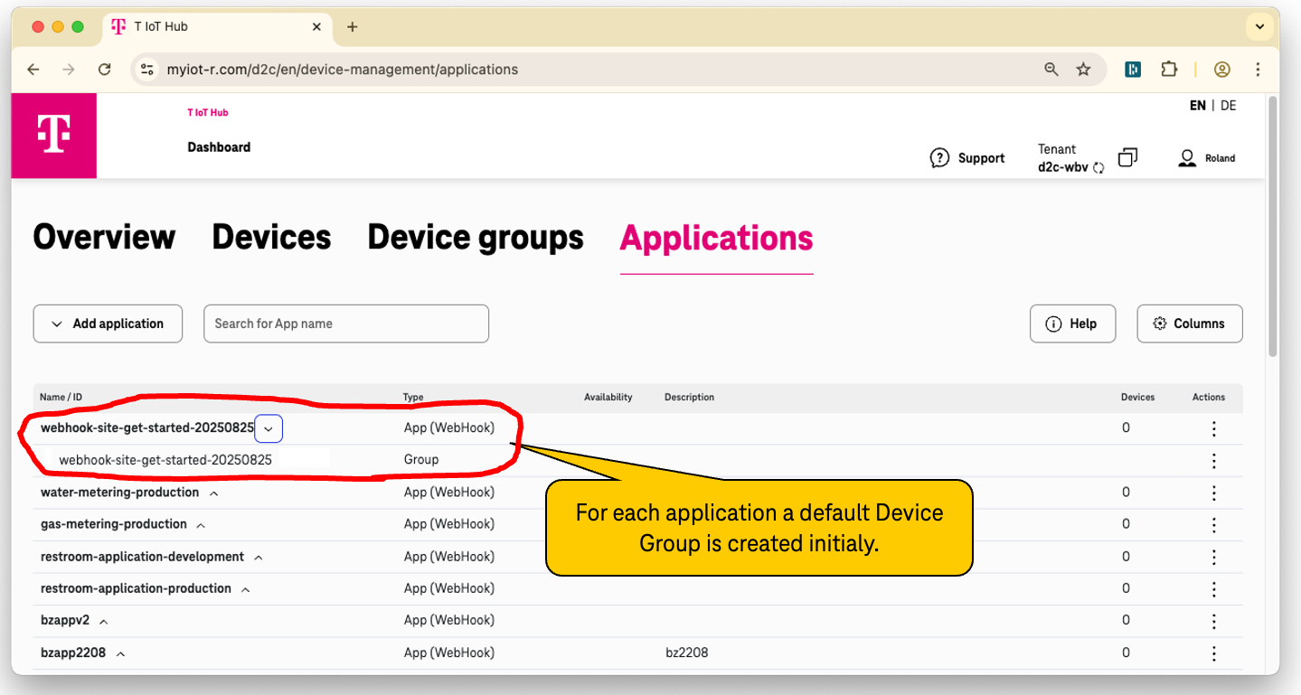 Newly created application with its default Device Group