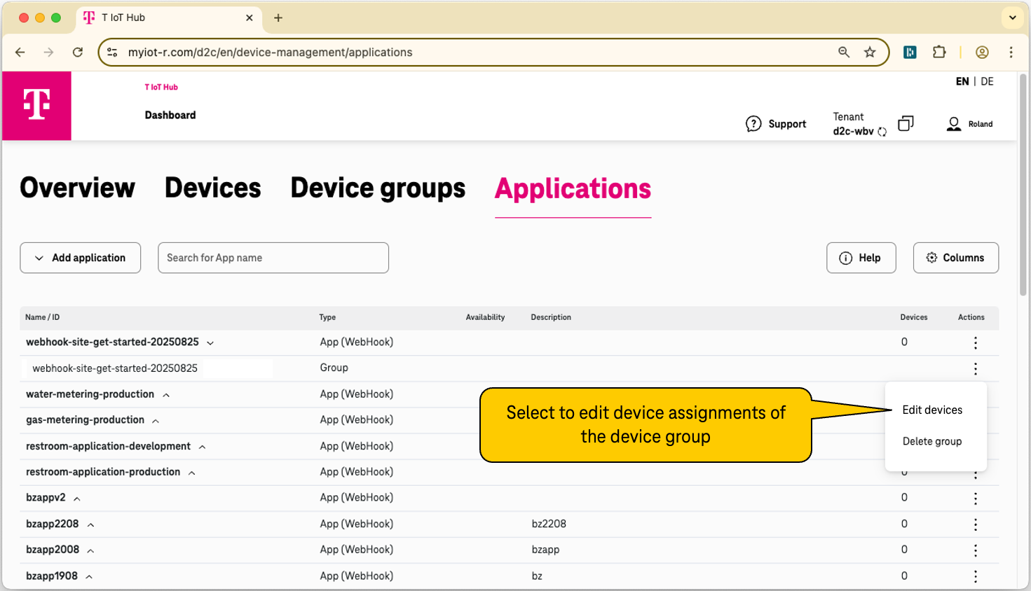 Device group context menu