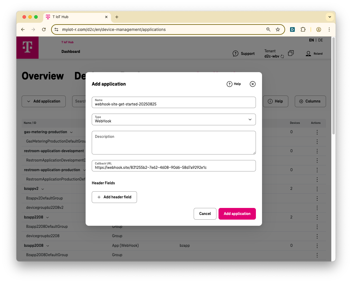 Add webhook application dialog