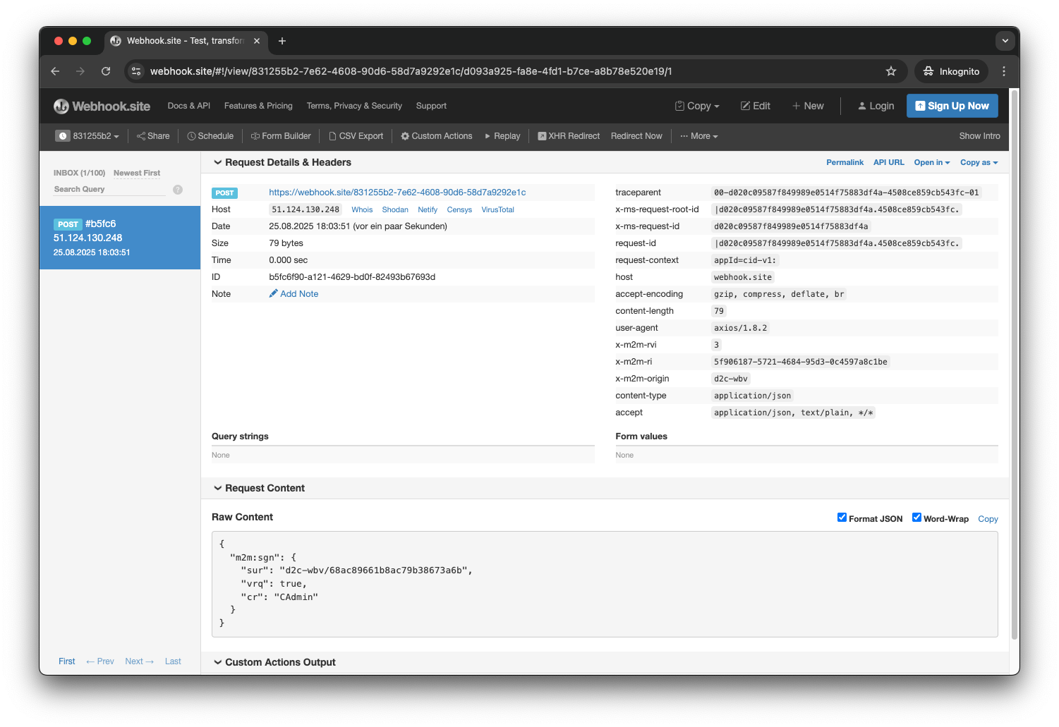Webhook site after receiving the oneM2M subscription notification