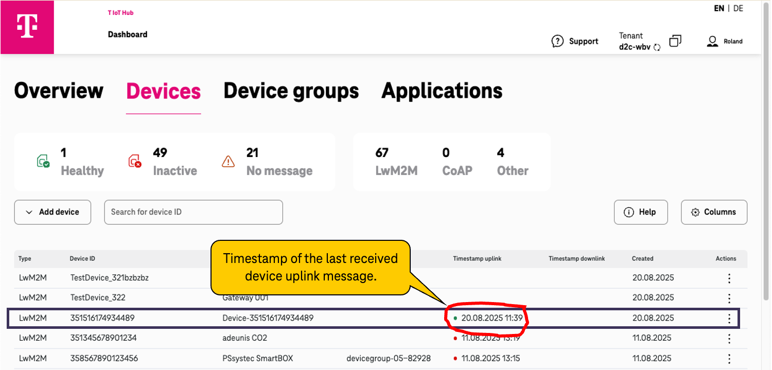  GUI with list of devices and the timestamp of the last received message